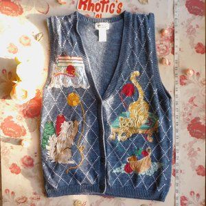 Vintage Cat Embroidery Sleeveless Cardigan/Vest
